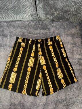 Men's Black Athletic Shorts with Gold Chain Print